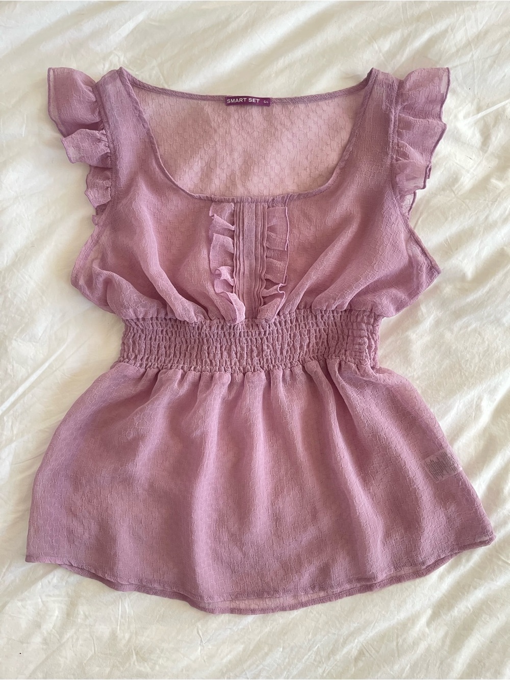 Fairycore Lilac Purple Ruffled Smocked Waist Sheer Blouse